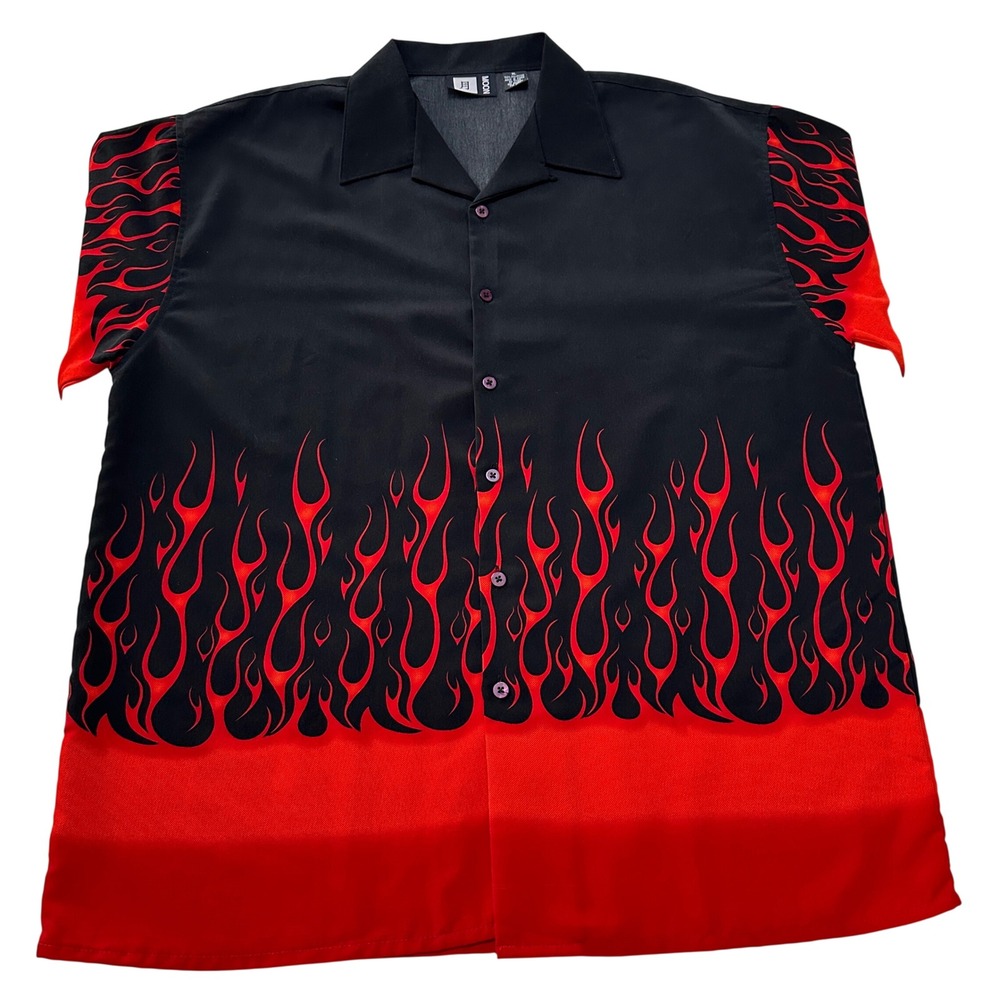 Moon VTG Y2K Flame Print Button Up Shirt Mens XL 90s Korea Streetwear Rockabilly